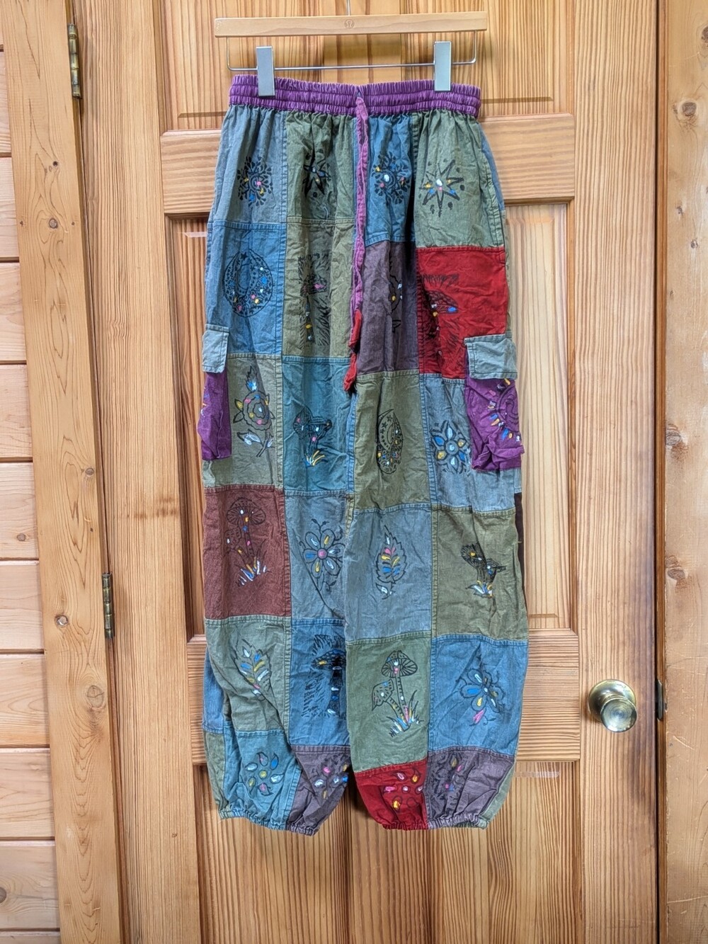 S-M Nepal Patchwork Cotton Harem Boho Pants Multicolor Hippie Mushrooms Sun Art